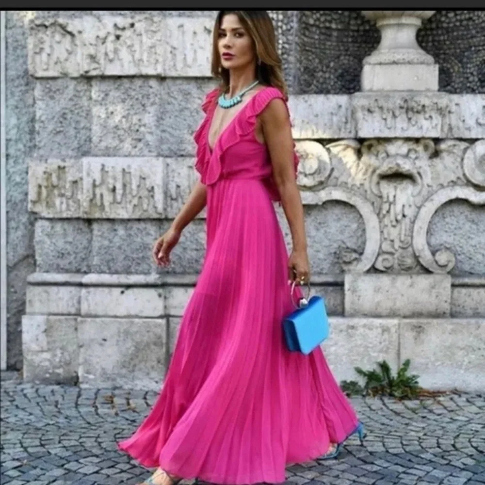 Zara | Dresses | Zara Ruffle Maxi Dress Fuchsia Pink Plunge Pleated Small |  Poshmark